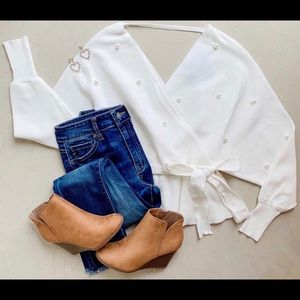 Faux Wrap Pearl Sweater